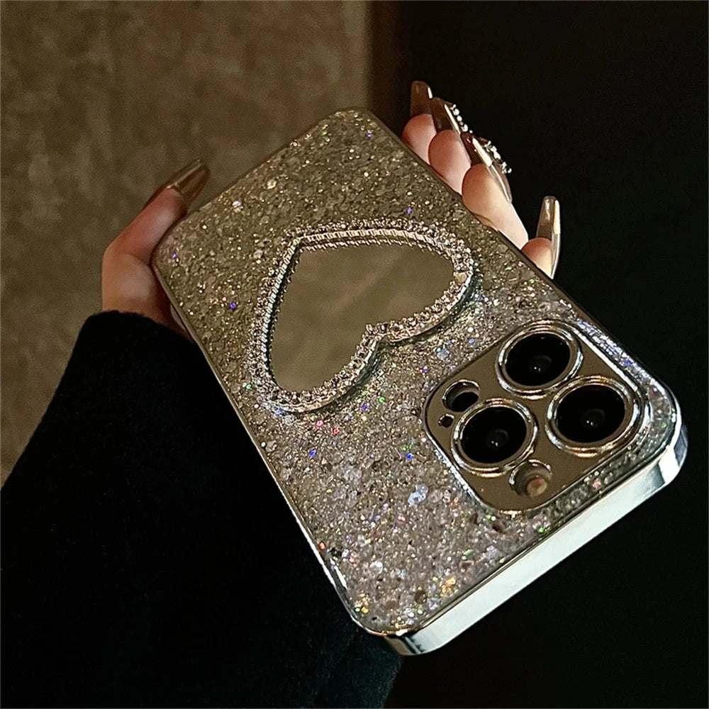 Bling Glitter Plating 3D Love Heart Mirror Sequins Case For iPhone 17 Air 16 14 15 13 12 11 Pro Max Lens Protection Cover