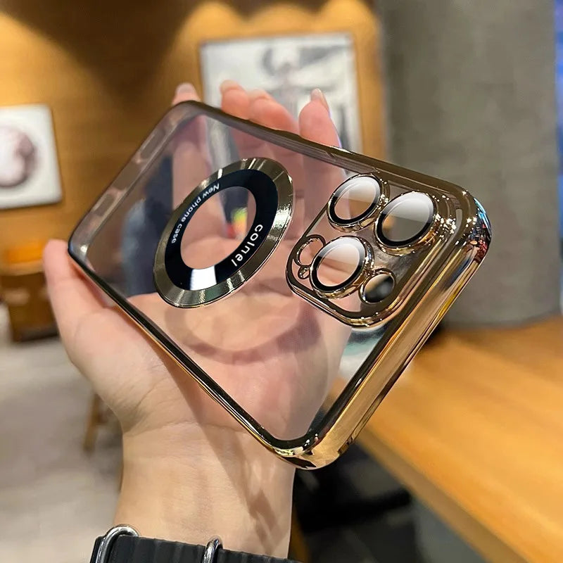 Luxury Plating Hollow For Magesafe Magnetic Wireless Charge Case For iPhone 11 12 13 14 15 16 Pro Max Plus Clear Lens Film Cover