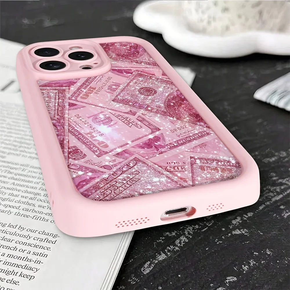 Pink Dollars Full-Coverage Banknote Design Silicone Phone Case For iPhone 17AIR 16 15 14 13 12 11PROMAX Cover
