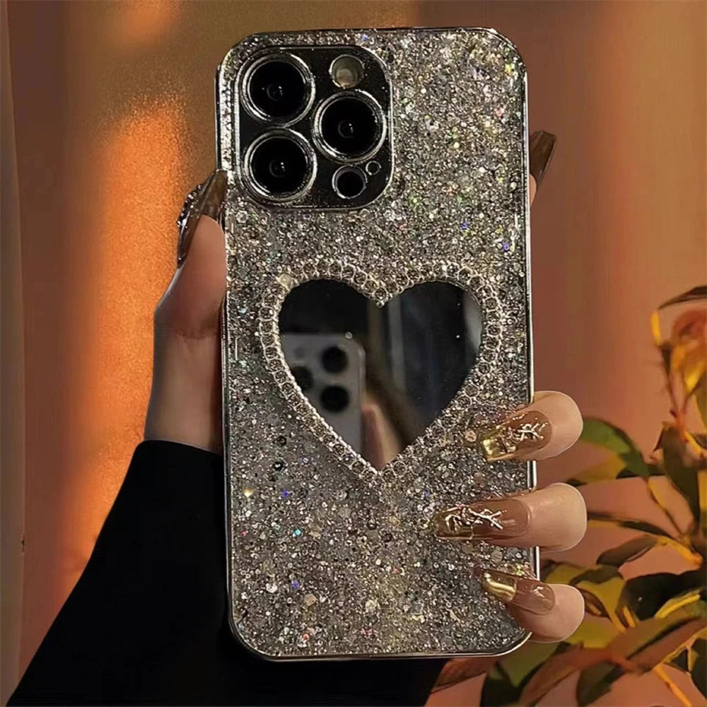 Bling Glitter Plating 3D Love Heart Mirror Sequins Case For iPhone 17 Air 16 14 15 13 12 11 Pro Max Lens Protection Cover
