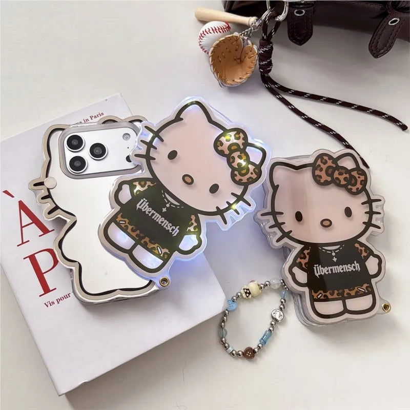 Sanrio Cartoon Glowing Hello Kitty Girlish Mirror Phone Case For IPhone 17 Pro Max 16 15 14 Promax Leopard Print Anti-drop Cover