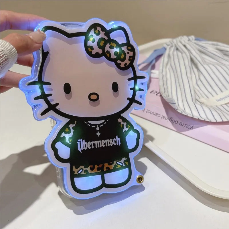 Sanrio Cartoon Glowing Hello Kitty Girlish Mirror Phone Case For IPhone 17 Pro Max 16 15 14 Promax Leopard Print Anti-drop Cover
