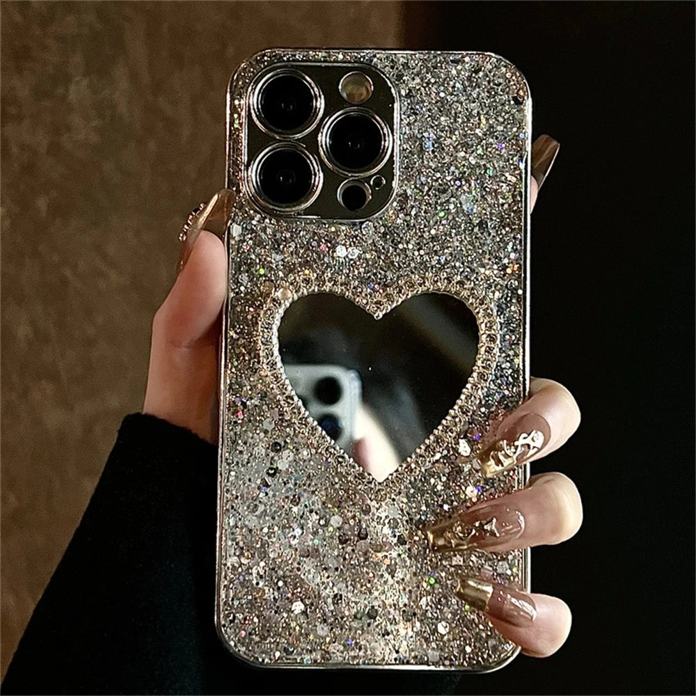 Bling Glitter Plating 3D Love Heart Mirror Sequins Case For iPhone 17 Air 16 14 15 13 12 11 Pro Max Lens Protection Cover