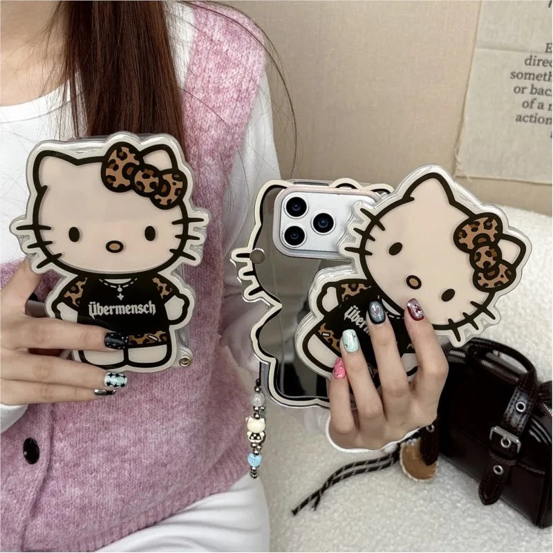 Sanrio Cartoon Glowing Hello Kitty Girlish Mirror Phone Case For IPhone 17 Pro Max 16 15 14 Promax Leopard Print Anti-drop Cover